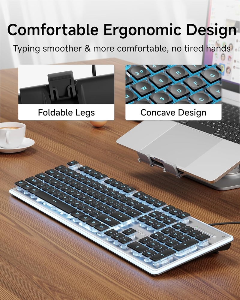 SEUNKWANG EWEADN GX710S Backlit Computer Keyboards, Wired USB Keyboard with Blue Backlit, Metal Panel, Plug and Play, Pudding Keycaps Full Size Quite Computer Keyboard for Win/PC/Laptop-Black - Image 5